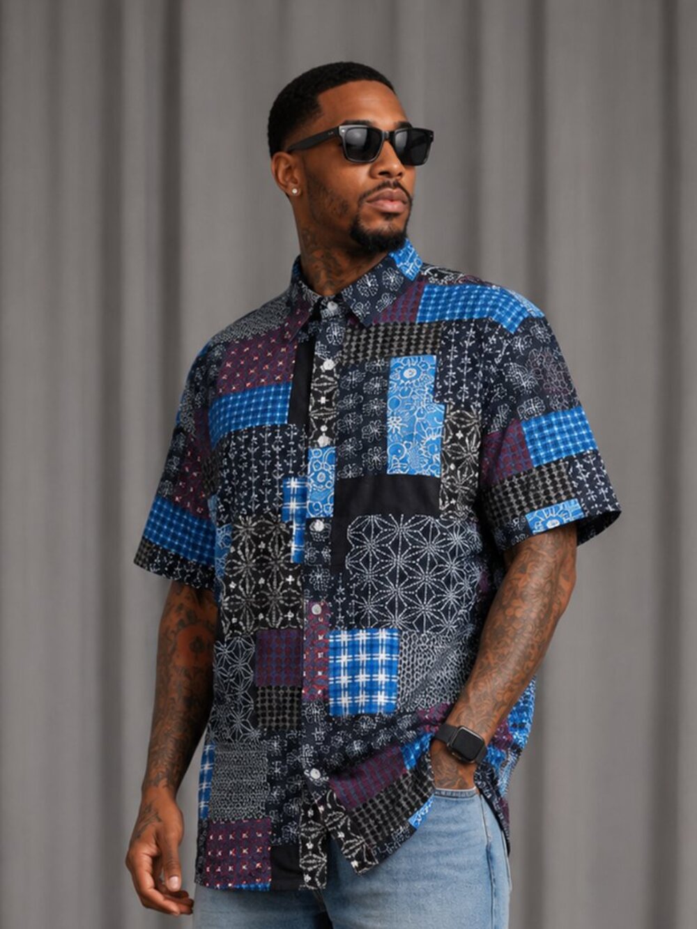 Navy Blue Patchwork Print Button Up Shirt | Mens Short Sleeve Patterned Shirt |